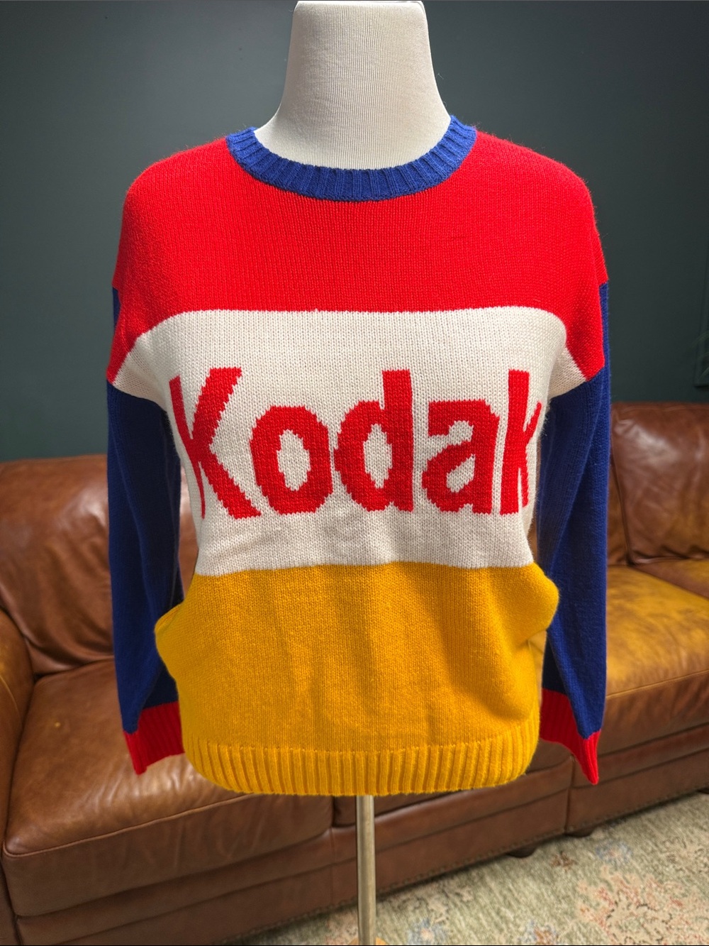 Kodak Colorblock Crewneck Sweater in Red, Blue, Yellow & Cream